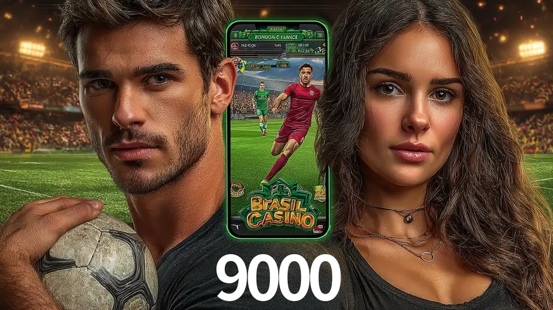 Homem segurando uma bola de futebol e uma mulher ao lado de um smartphone exibindo o jogo de apostas esportivas da 9000. Faça seu palpite no cassino online.